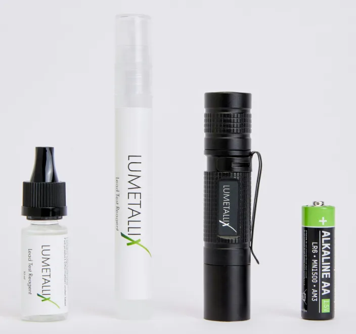 Lumetallix reagent drip bottle, spray bottle, UV light, and battery